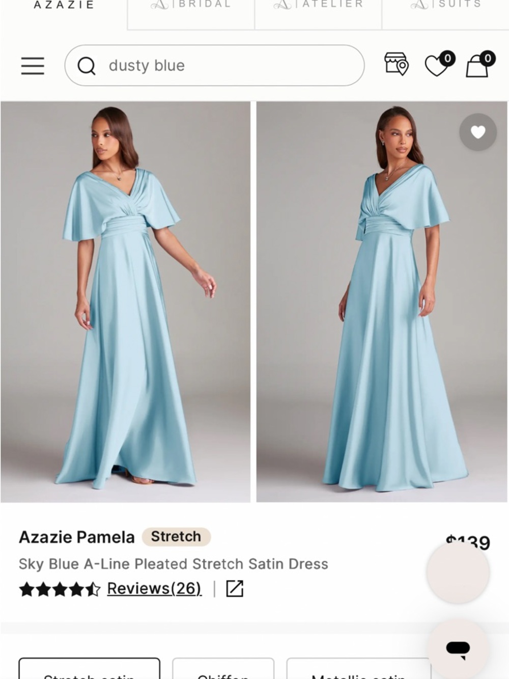 Azazie Sky Blue Pamela A-Line Pleated Satin Gown